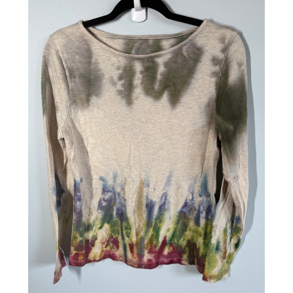 J.Crew Womens Artist Tee Size L Tan Tie Dye Long Sleeve Boho Hippie Festive